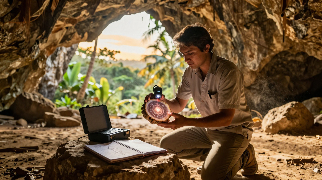 Homem analisa fósseis numa caverna com equipamentos de investigação arqueológica ao pôr do sol.