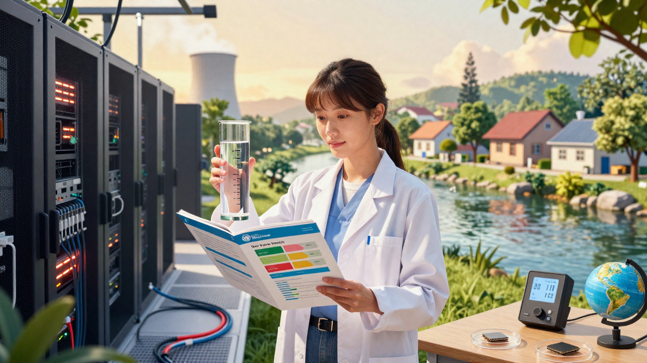 Mulher científica analisa gráfico segurando copo medidor em laboratório com paisagem natural ao fundo.