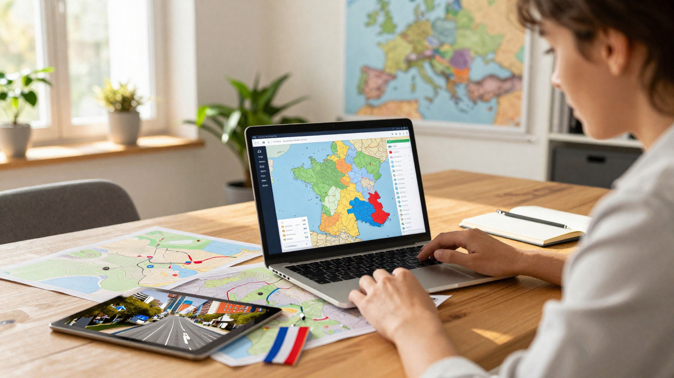 Pessoa a trabalhar num mapa digital no computador, com mapas e tablet sobre a mesa de madeira.