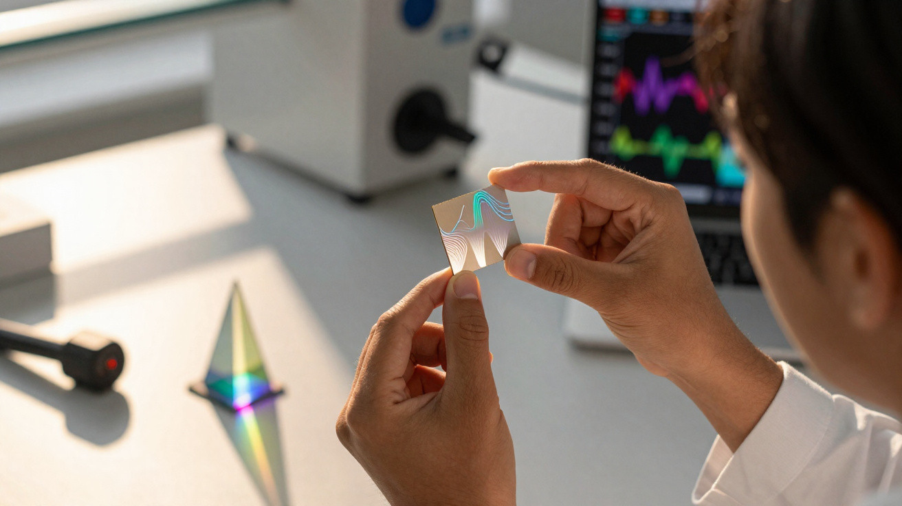 Pessoa a segurar um pequeno prisma transparente com padrões coloridos em laboratório com computador ao fundo.