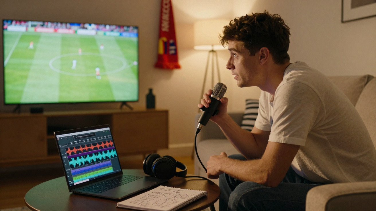 Jovem com microfone sentado no sofá, laptop com música e televisão a transmitir um jogo de futebol.