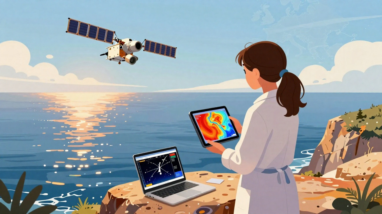 Mulher com tablet e portátil observa satélite em voo sobre o mar ao pôr do sol numa falésia.