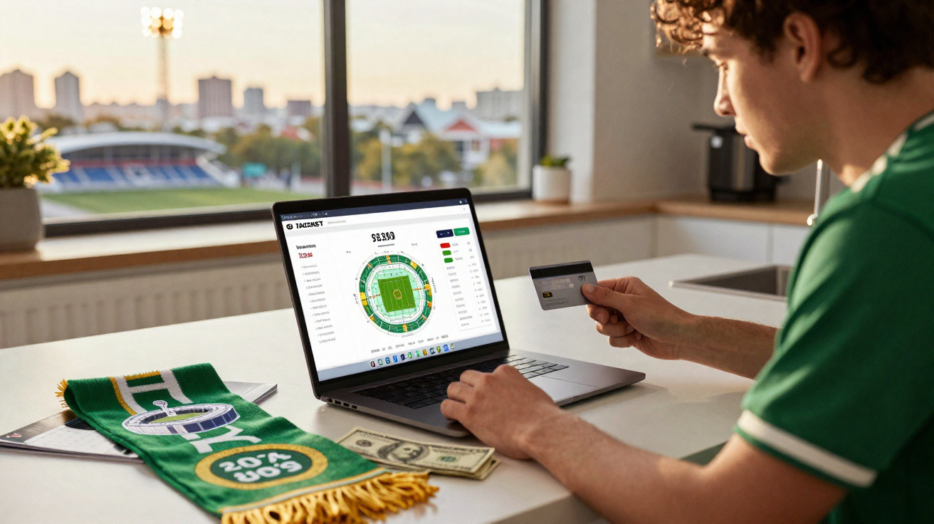 Jovem compra bilhetes online para jogo de futebol num computador portátil com cachecol e dinheiro na mesa.
