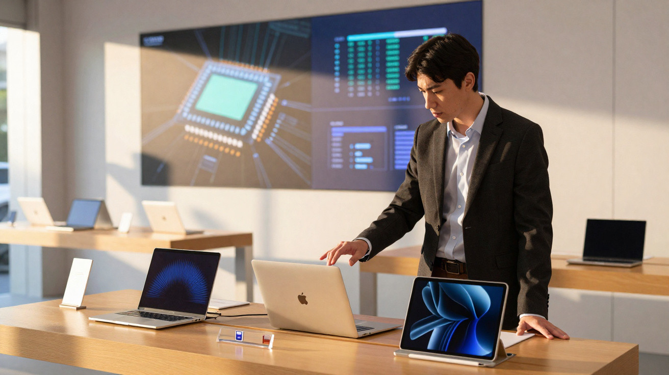 Homem em fato a testar computadores portáteis numa loja de tecnologia moderna.