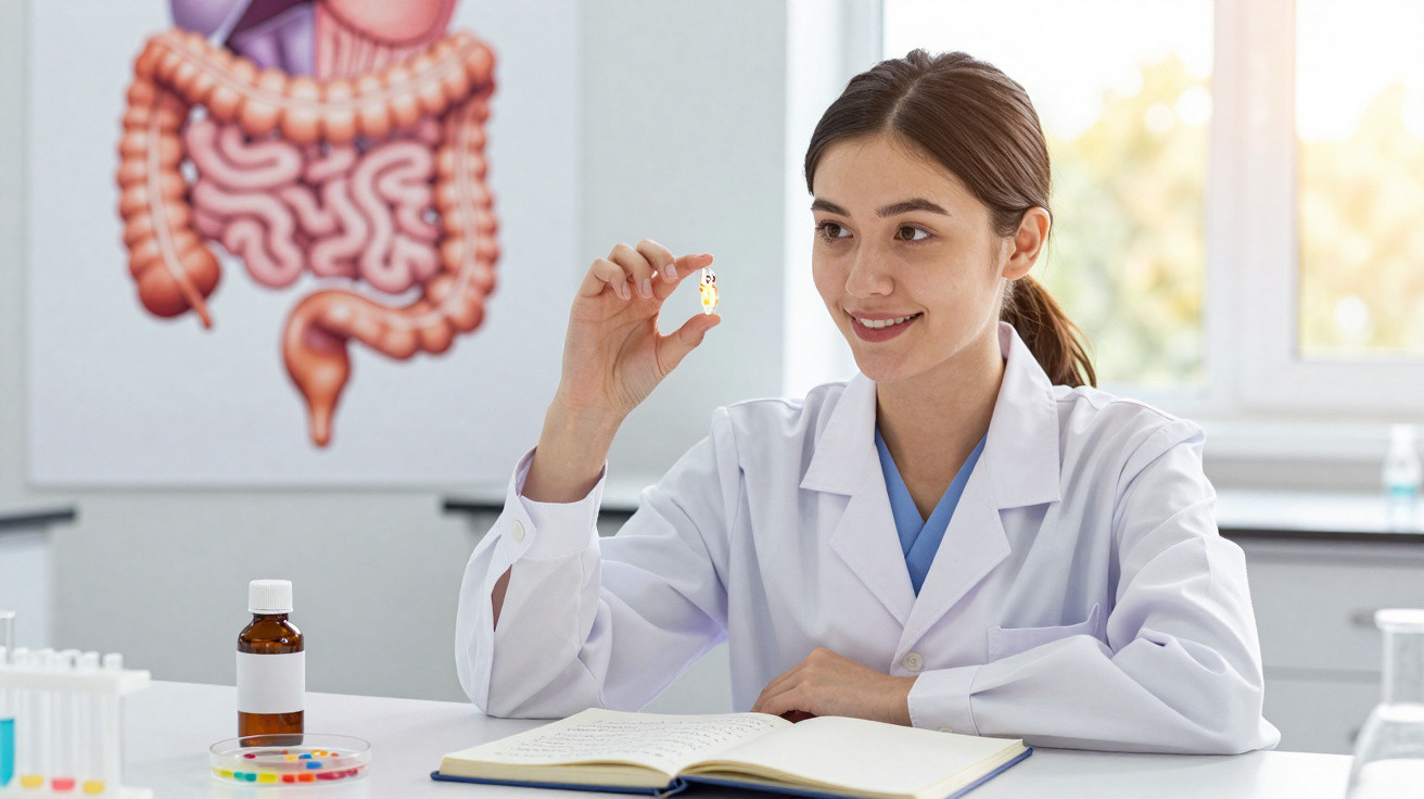 Jovem médica com bata branca segura suplemento vitamínico em laboratório com livros e modelo do sistema digestivo.