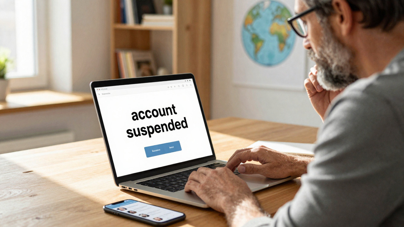 Homem preocupado a olhar para laptop com mensagem "account suspended" num ambiente de trabalho doméstico.