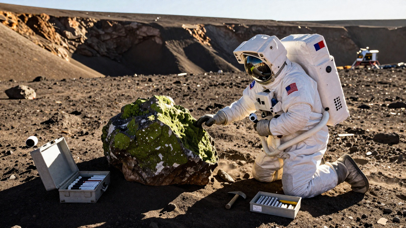 Astronauta em fato espacial examina rocha verde brilhante numa paisagem lunar árida e rochosa.