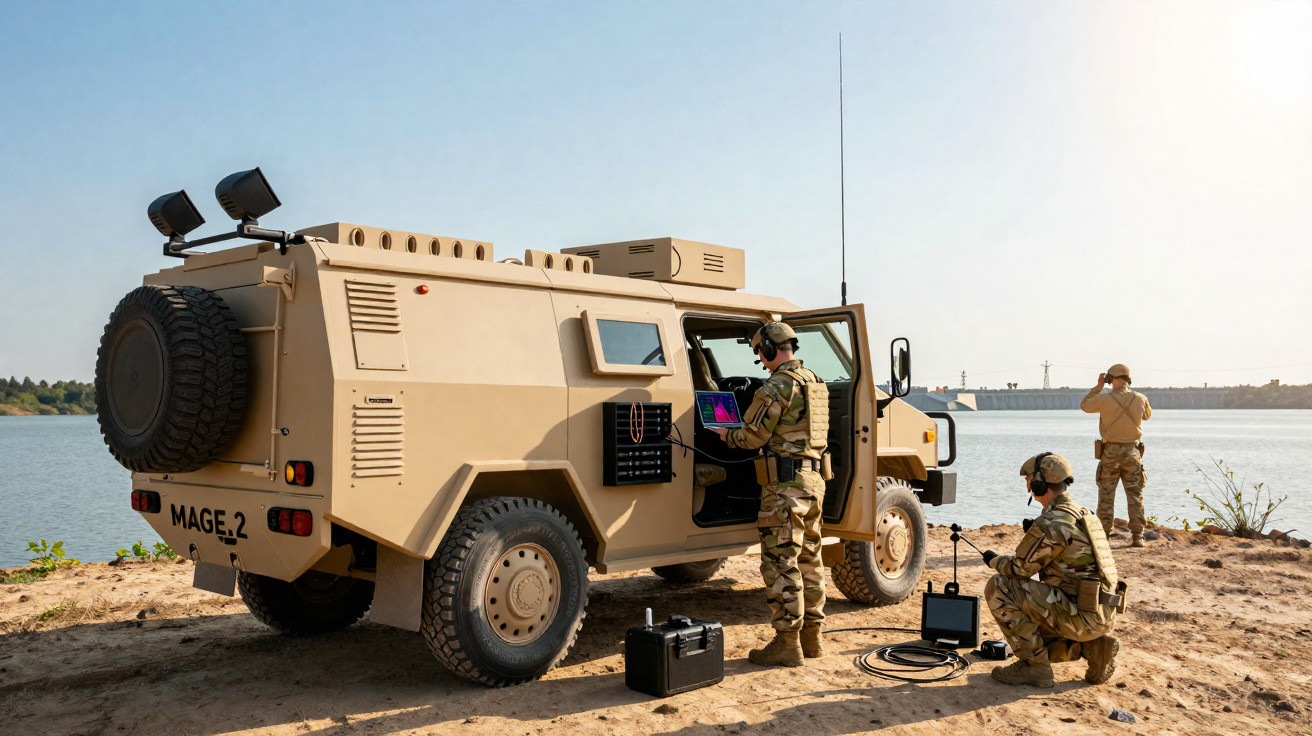Soldados militares com equipamento tecnológico junto a veículo blindado bege numa zona ribeirinha.