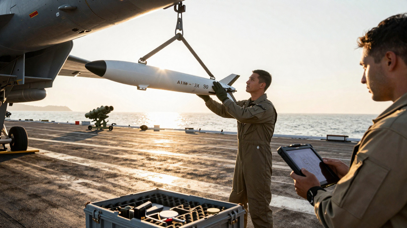 Dois militares preparam míssil num porta-aviões ao pôr do sol, um com tablet e outro a manusear o míssil.