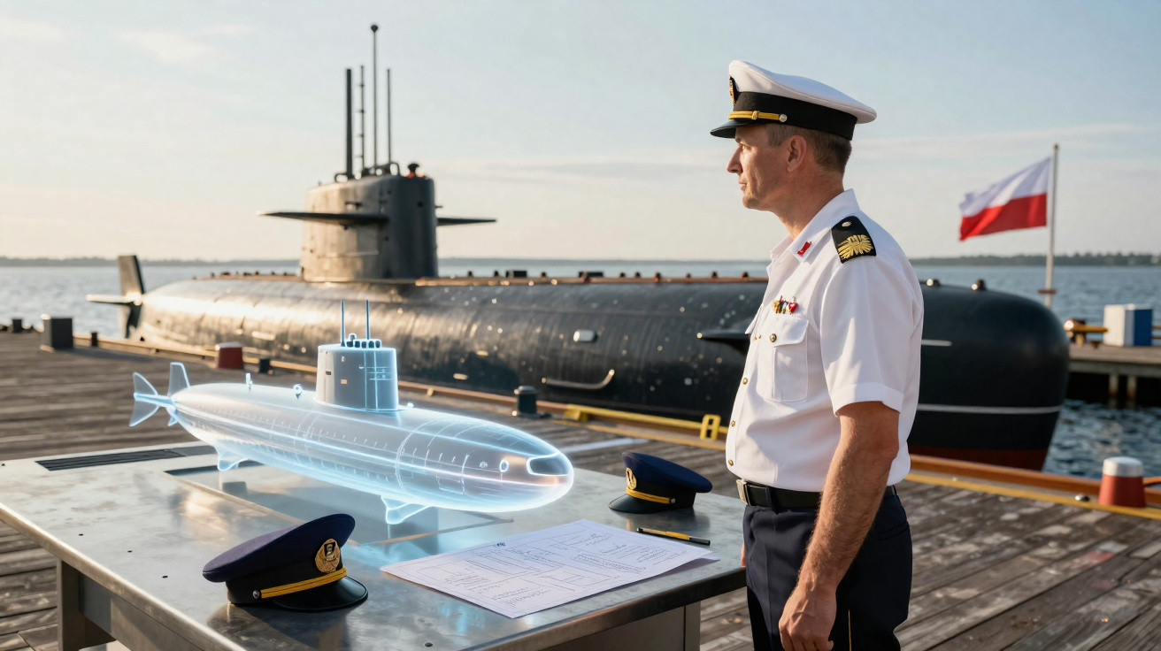 Marinheiro em uniforme observa maquete digital de submarino junto a submarino real num cais.