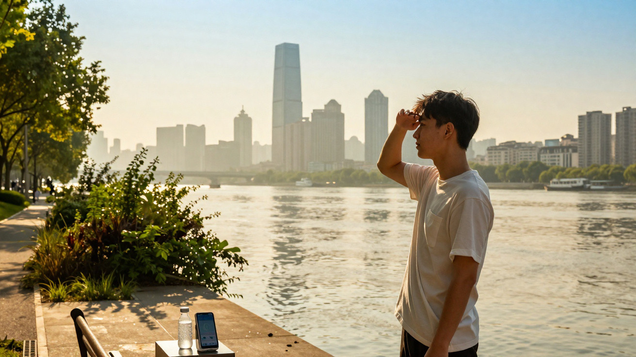 Homem de pé junto a rio numa cidade, olhando para o horizonte ao fim da tarde.