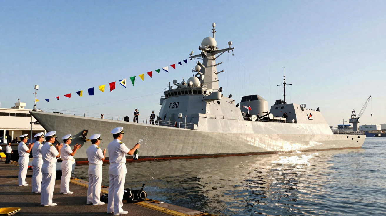 Navio de guerra cinzento ancorado no porto com marinheiros em uniforme branco a celebrar com champanhe.