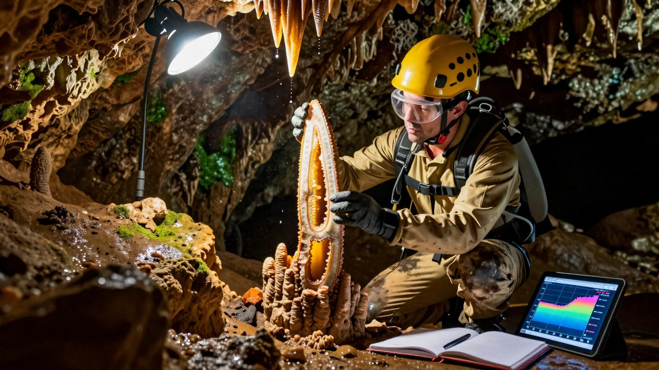 Explorador de espeleologia investiga formações rochosas na caverna iluminada com tablet e caderno ao lado.