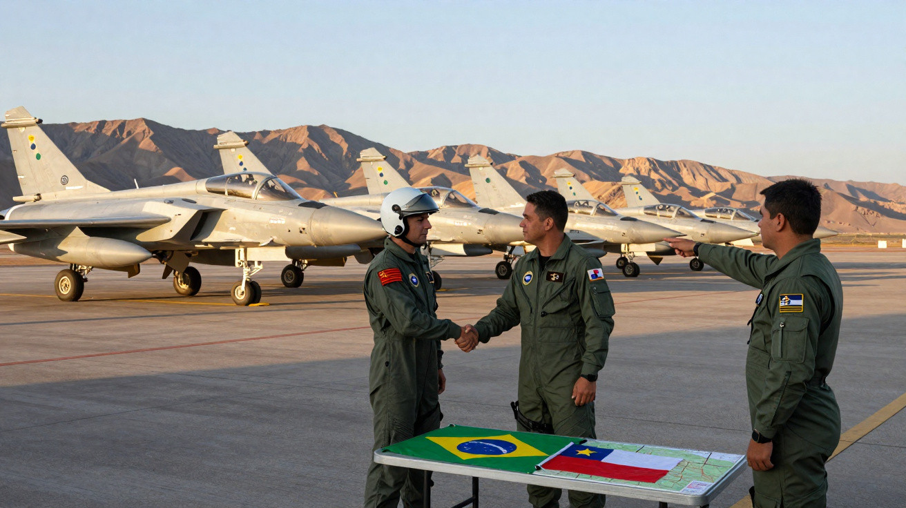 Três pilotos militares em uniforme verde junto a mesa com bandeiras e jatos militares no fundo, em pista de aeroporto.
