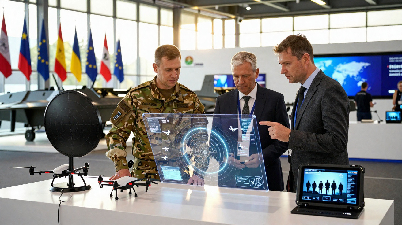 Três homens, um militar e dois de fato, analisam ecrã digital transparente com radar e drones numa conferência.