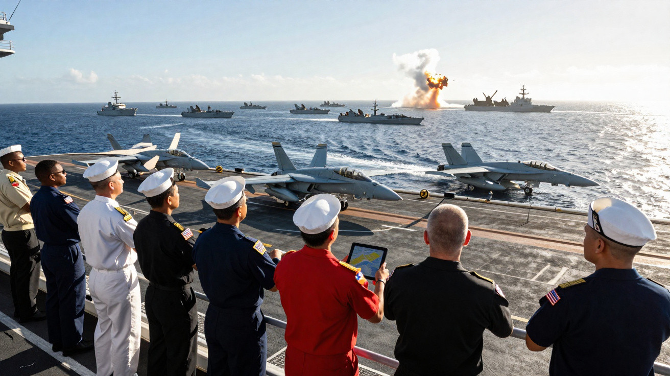 Militares observam lançamento de míssil no mar durante exercício naval com vários navios e aviões de combate.