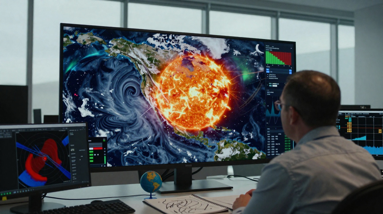 Homem a analisar dados científicos com imagem digital do Sol e padrões climáticos na América do Norte.