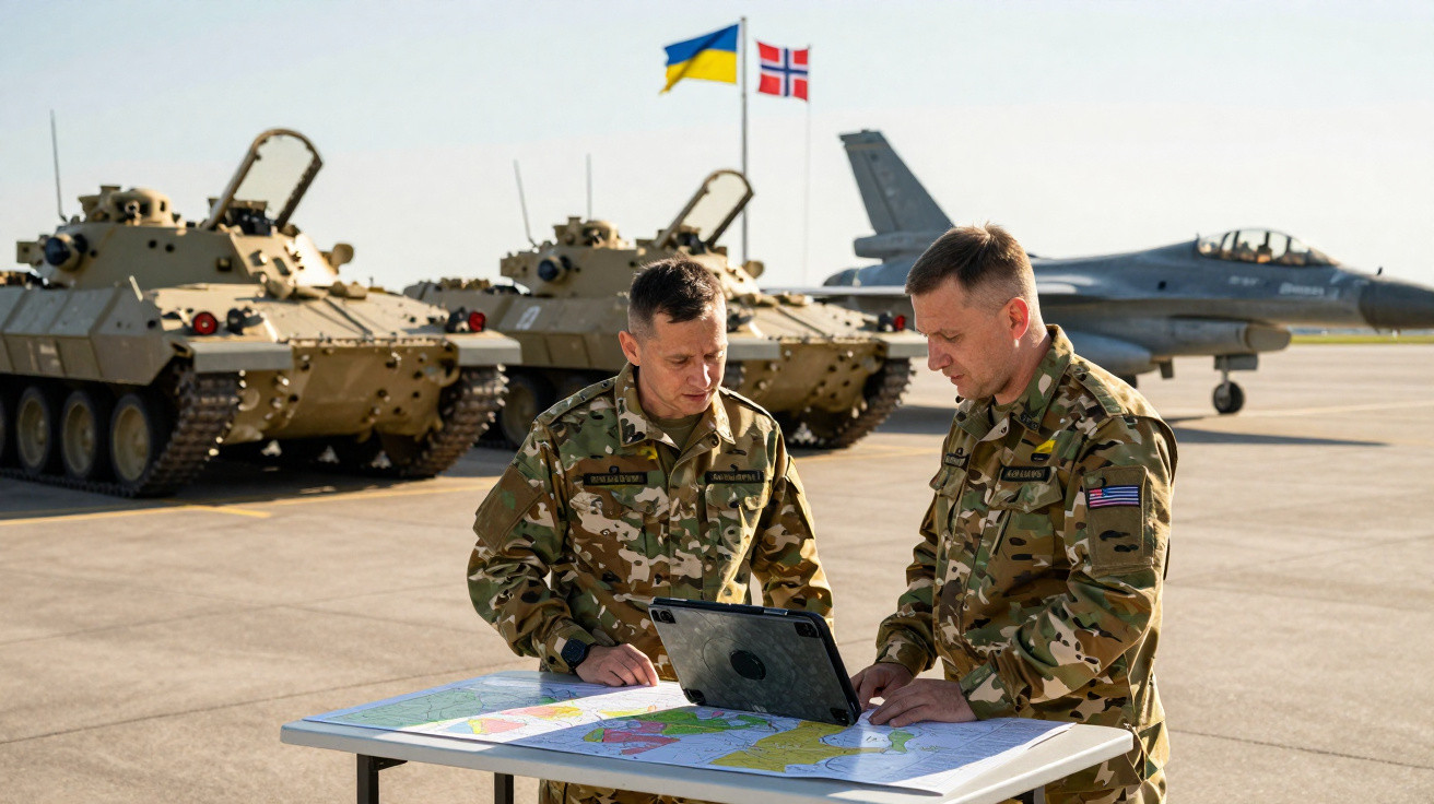 Dois soldados em uniforme militar consultam mapa e computador portátil ao ar livre, com tanques, avião e bandeiras ao fundo.