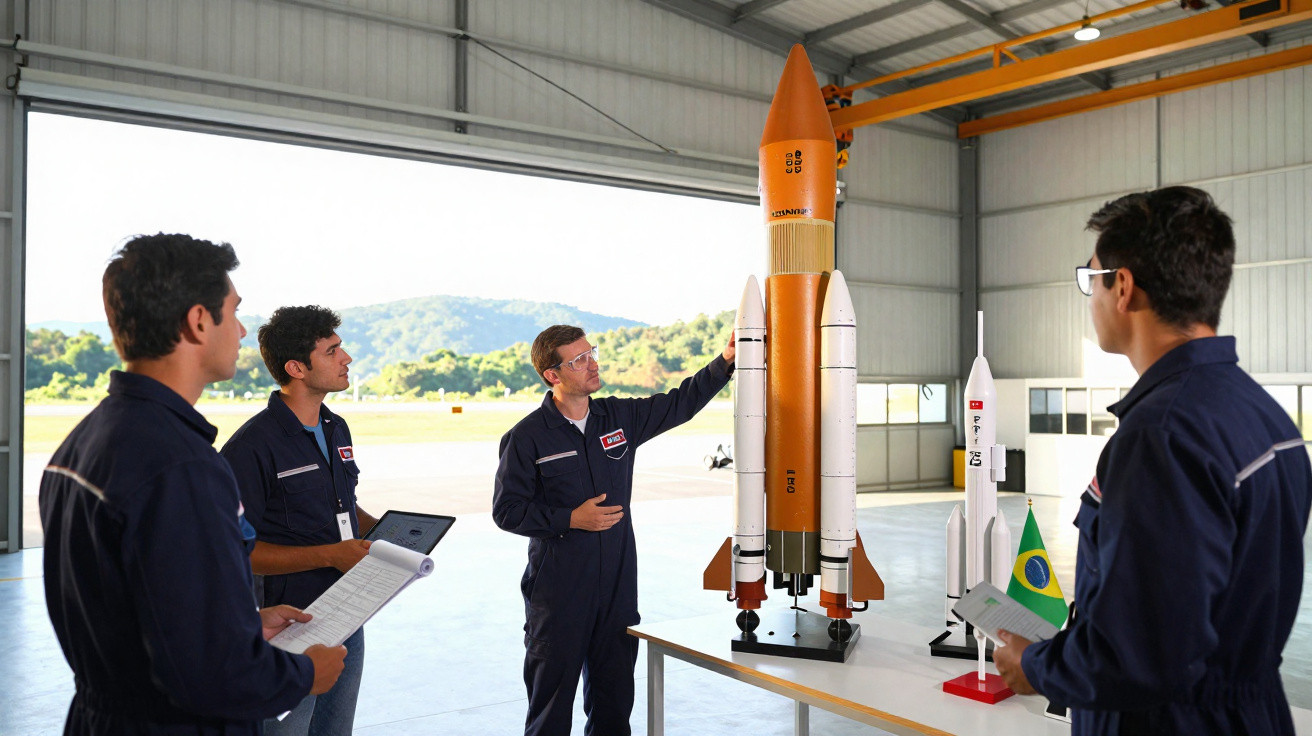 Equipa de engenheiros em macacões azuis analisa maquetes de foguetões numa oficina ampla e iluminada.