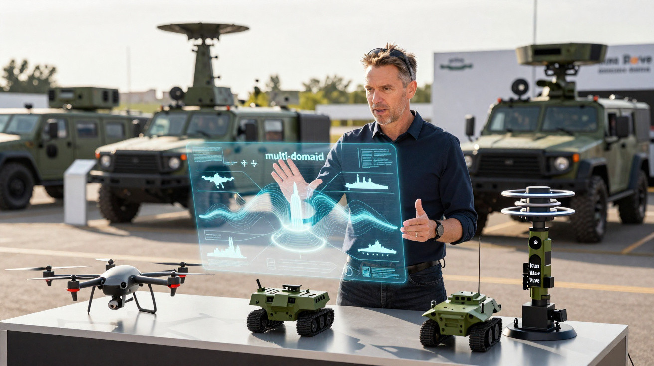 Homem a interagir com holograma de tecnologia militar, com veículos e drones militares ao fundo.