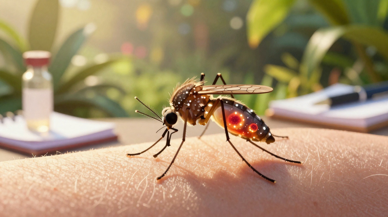 Mosquito com órgãos internos visíveis a sugar o sangue no braço humano sob luz natural.