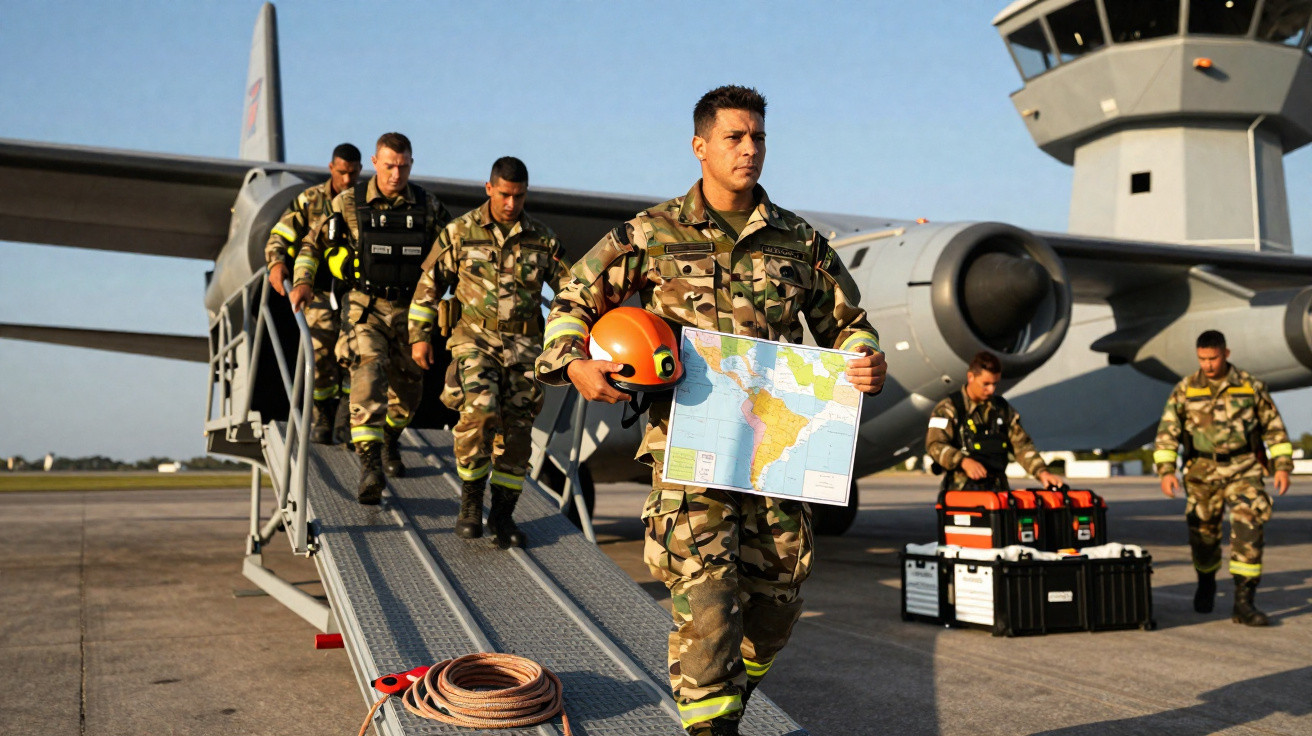 Militares em uniforme a desembarcar de avião militar, um segura mapa e capacete na pista de aeroporto.