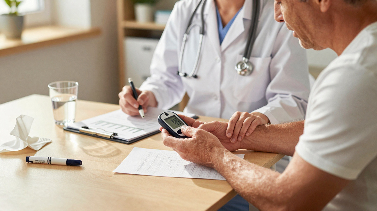 Médico consulta paciente sénior que mede a glicemia com monitor de diabetes numa mesa de consultório.