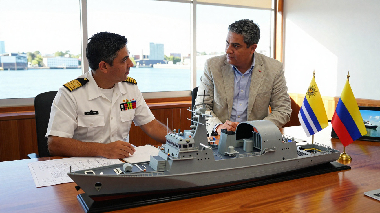 Dois homens sentados à mesa a discutir junto a modelo de navio militar com bandeiras do Uruguai e Colômbia.