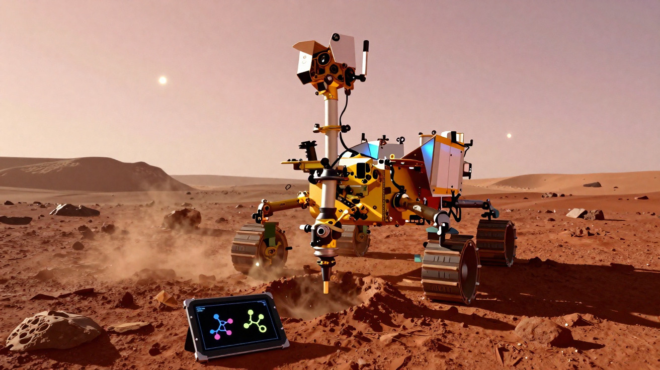 Rover a explorar a superfície de Marte, com poeira levantada e um tablet a mostrar moléculas coloridas.