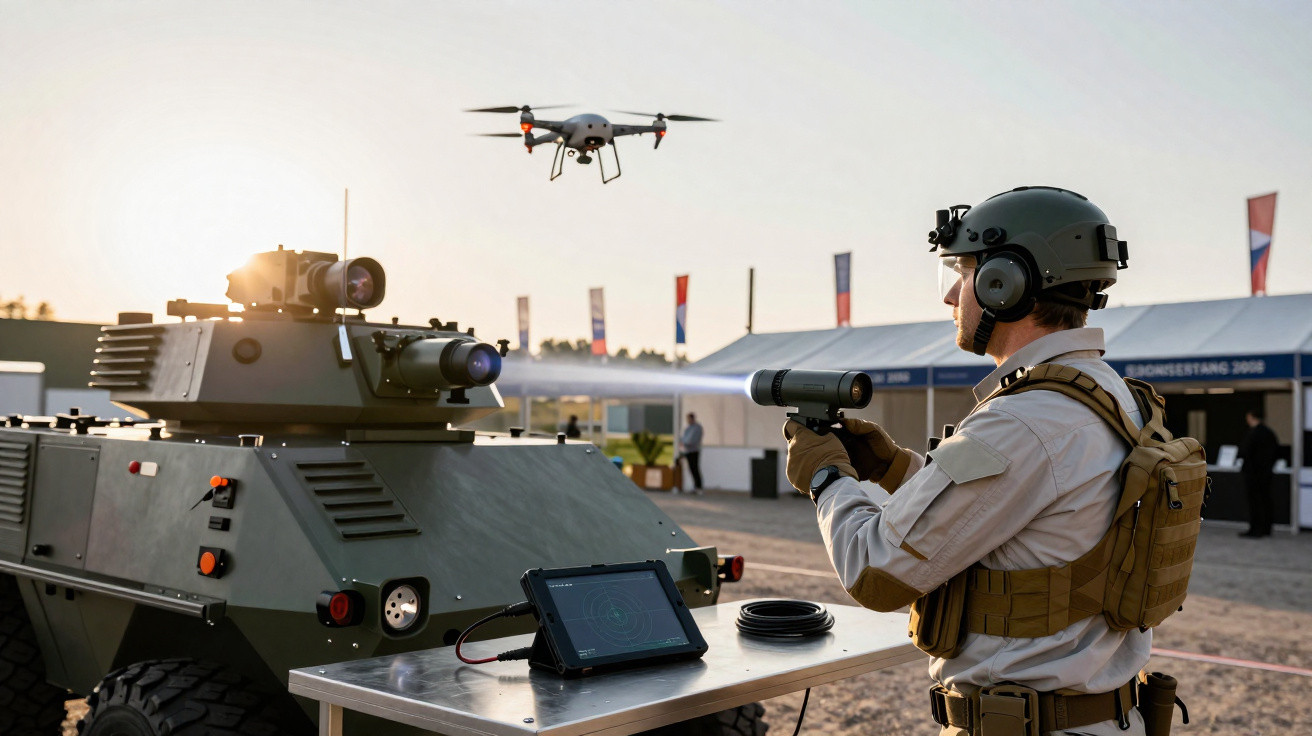 Soldado com equipamento táctico opera dispositivo remoto para controlar drone perto de veículo militar não tripulado.