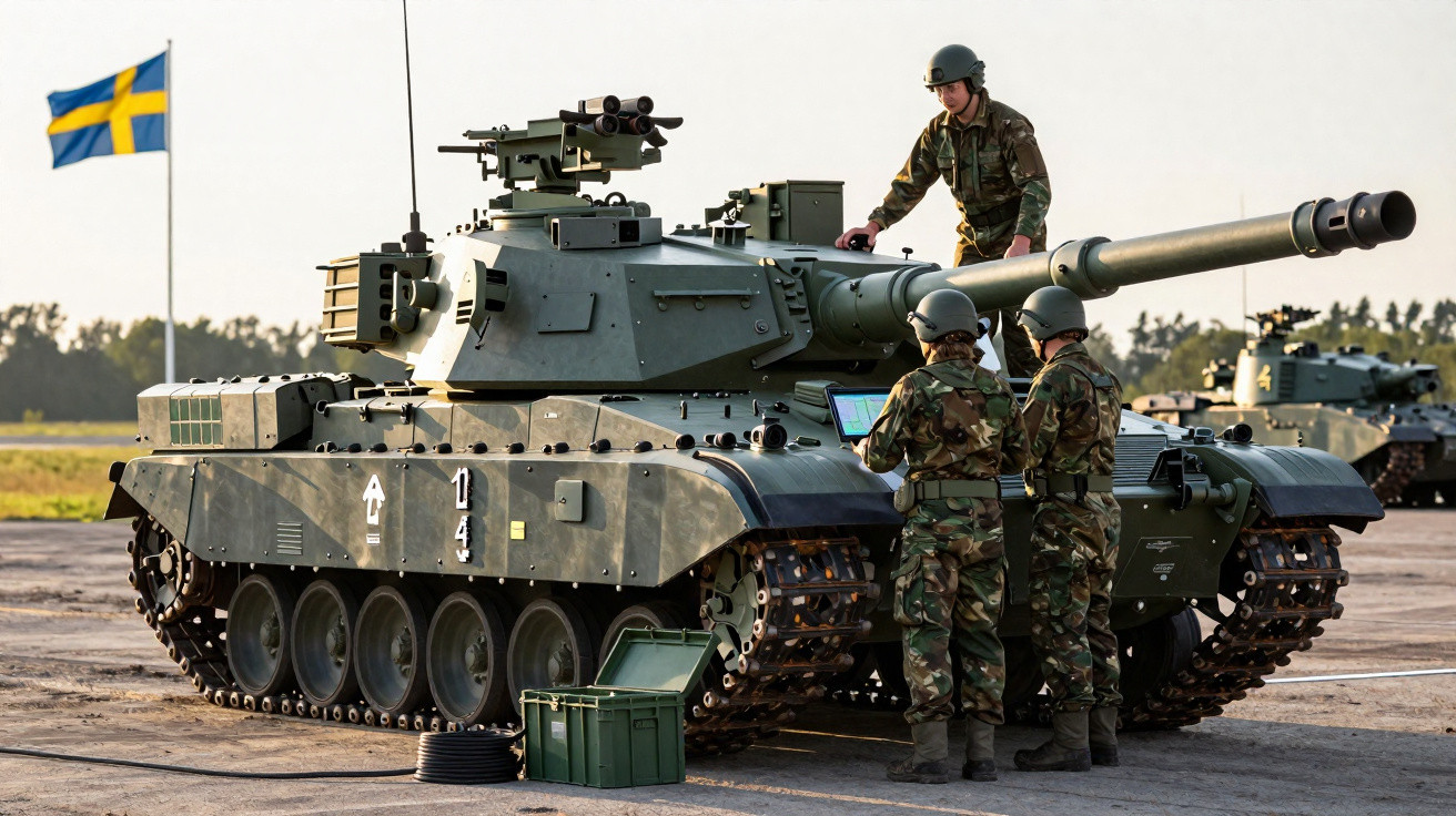 Três soldados em uniforme camuflado junto a um tanque de guerra num campo aberto, com bandeira da Suécia ao fundo.