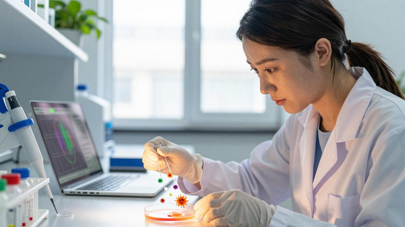 Cientista em laboratório a analisar uma placa de Petri com representação gráfica de vírus, computador ao fundo.