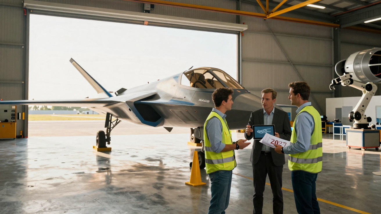 Três homens a discutir projetos junto a um avião moderno dentro de um hangar iluminado.