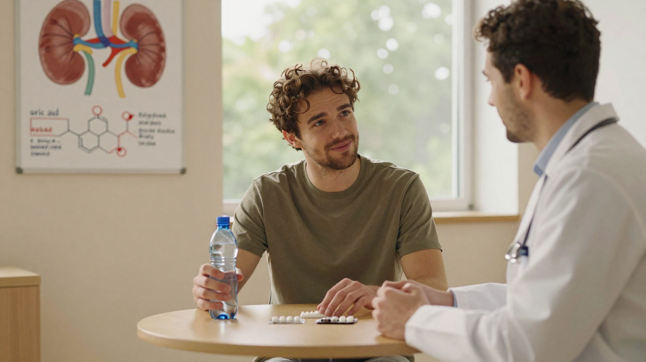 Paciente a segurar garrafa de água a conversar com médico numa consulta, com esquema dos rins ao fundo.