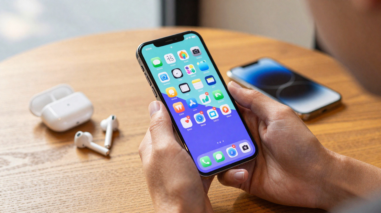 Pessoa a segurar um smartphone com ecrã ligado, auscultadores sem fios e outro telemóvel numa mesa de madeira.