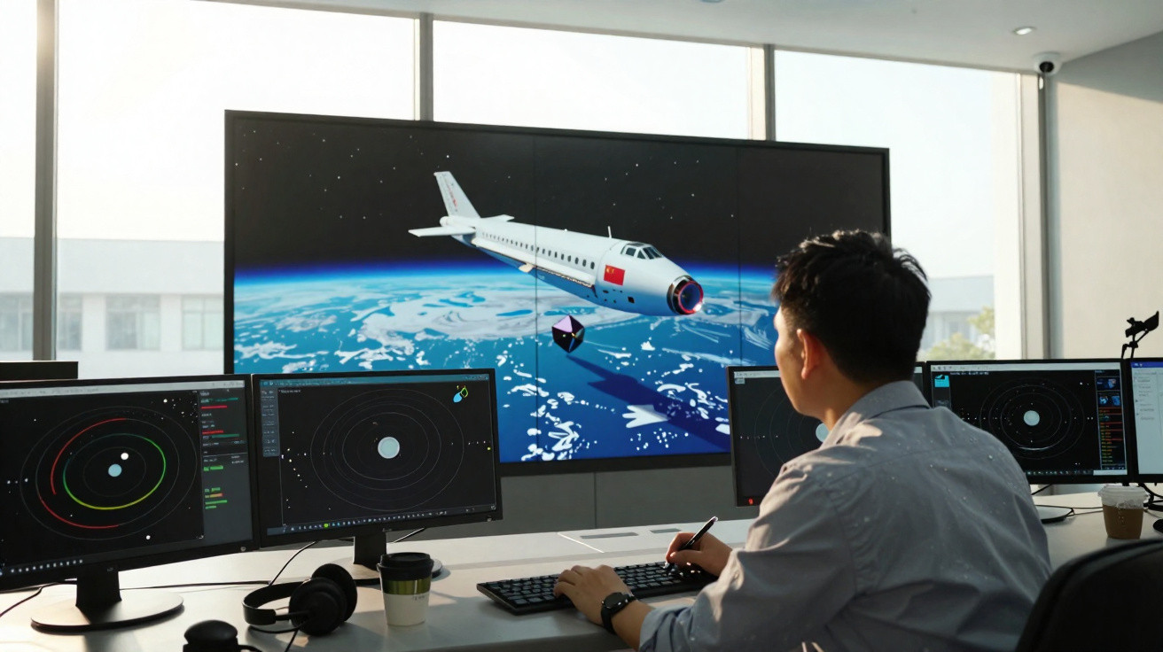 Pessoa a operar com vários ecrãs a analisar uma aeronave espacial em exibição num grande monitor.