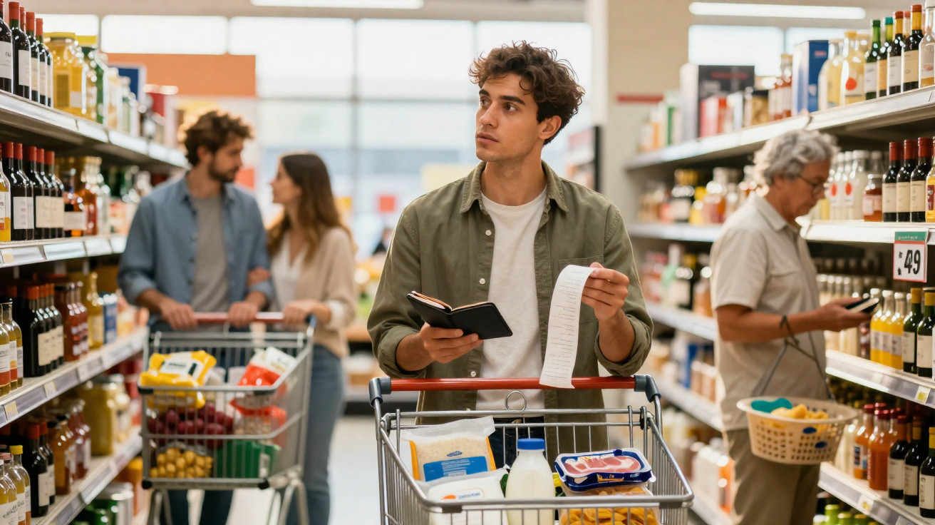 Homem jovem consulta lista de compras enquanto faz compras num supermercado entre prateleiras.