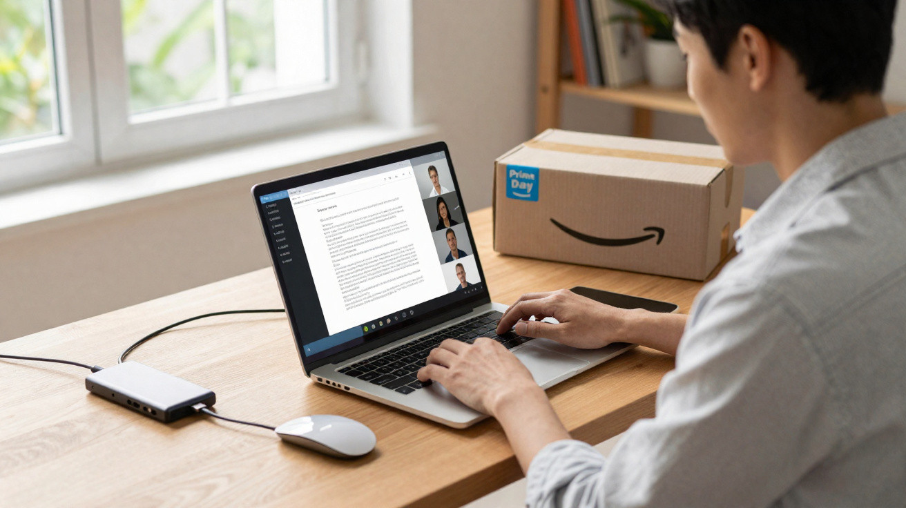 Pessoa a trabalhar num portátil com vídeo chamada e caixa da Amazon com etiqueta Prime Day numa secretária.