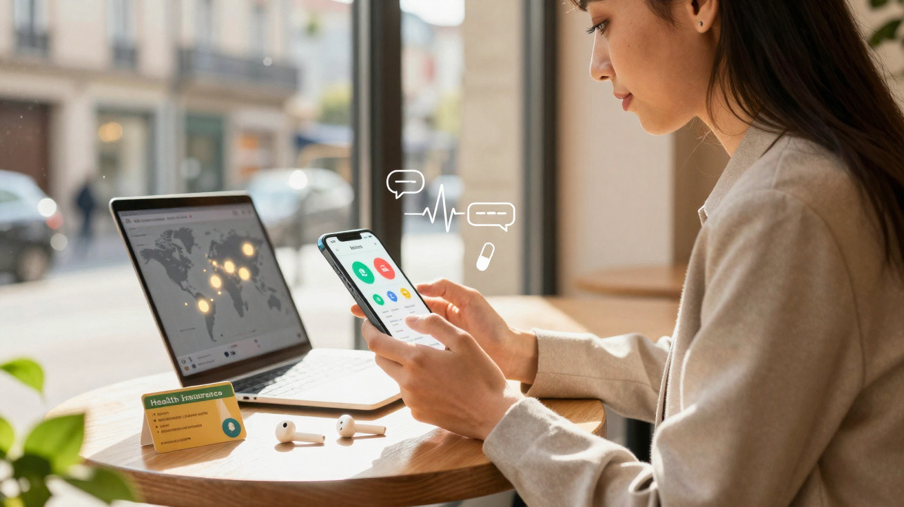 Mulher a usar app de saúde no smartphone, com computador portátil aberto numa mesa de café.