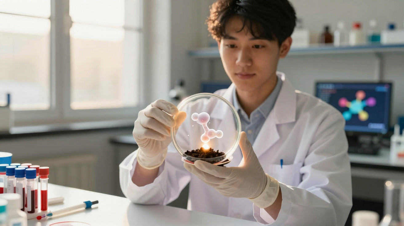 Cientista em laboratório a examinar cultura numa placa de Petri com modelo molecular holográfico.