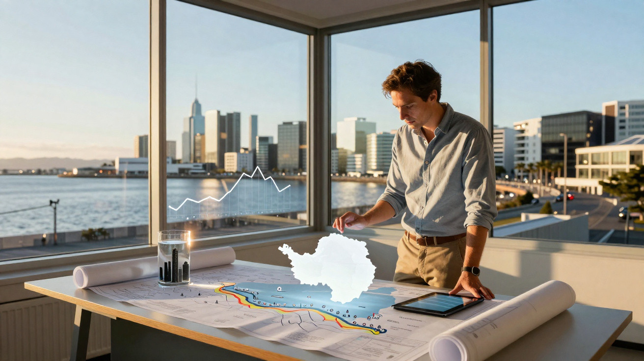 Homem a analisar mapa e gráficos holográficos numa sala com vista para a cidade e o mar ao entardecer.