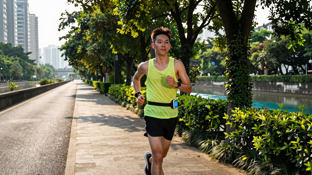 Homem a correr num passeio junto a um canal, rodeado de árvores e prédios urbanos ao fundo ao nascer do sol.