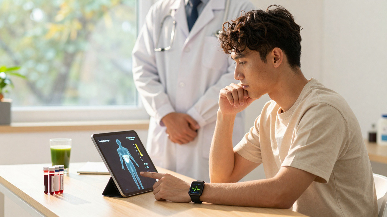 Homem consulta dados de saúde num tablet, com médico de branco ao fundo, em ambiente clínico.