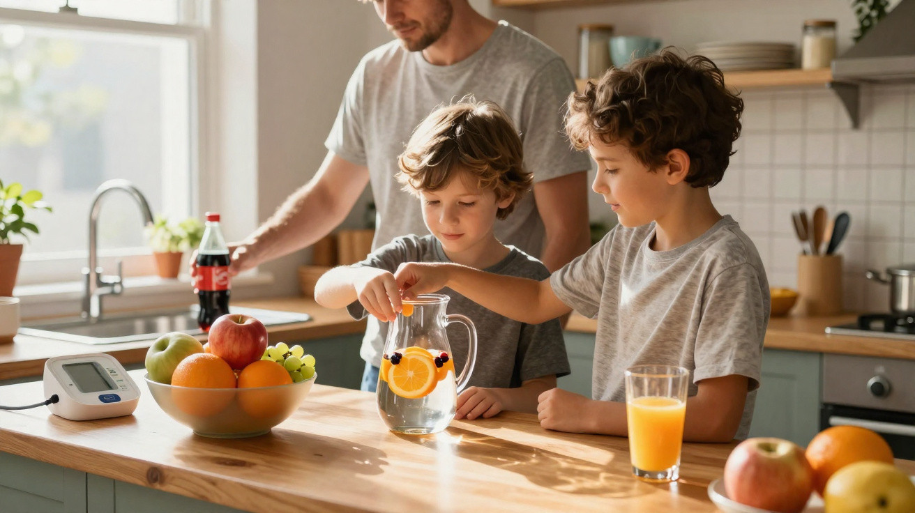 Duas crianças preparam água com frutas numa cozinha, com um adulto ao fundo e frutas na bancada.
