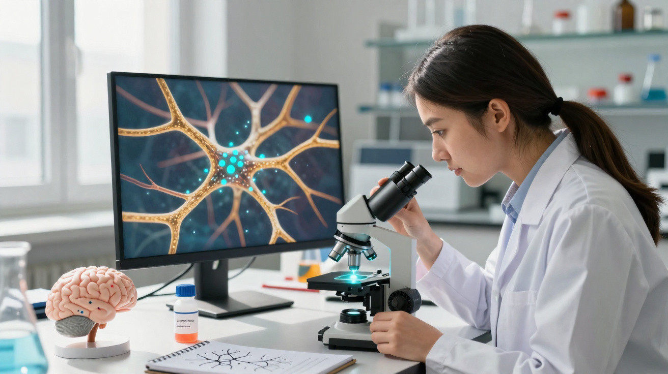 Mulher cientista observa amostra no microscópio em laboratório com imagem de neurónios e modelo de cérebro.