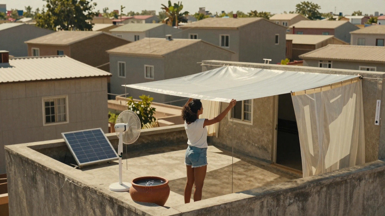 Pessoa arruma toldo branco no terraço de casa com placa solar, ventoinha e vaso de plantas ao sol.