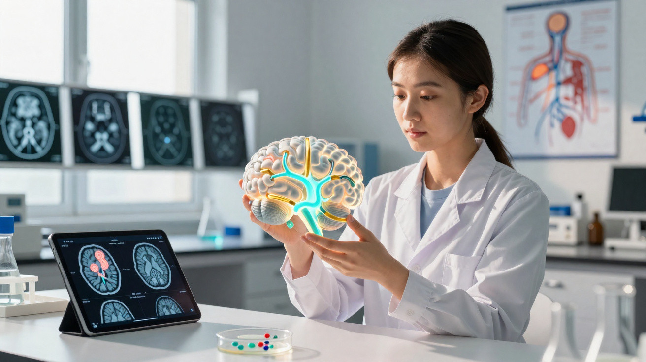 Cientista em laboratório a analisar modelo iluminado do cérebro humano com exames cerebrais ao fundo.