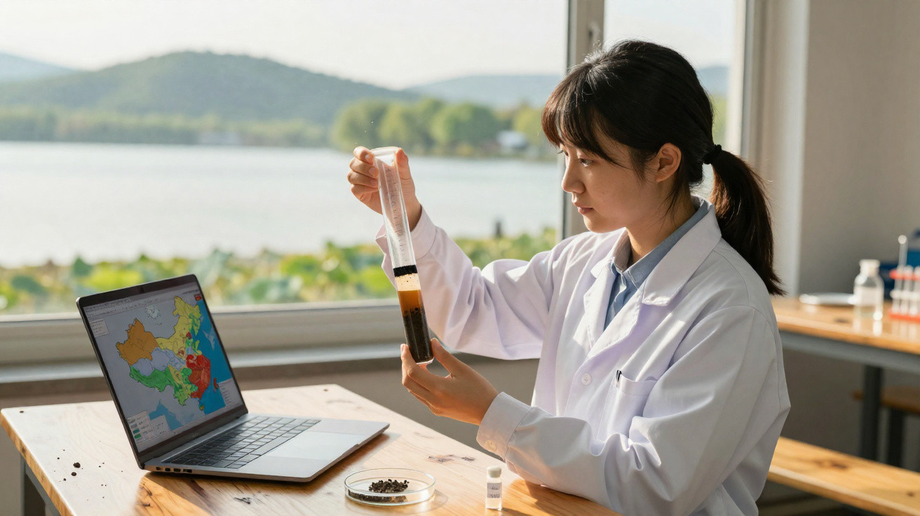 Mulher cientista em laboratório analisa amostra em tubo junto a computador com mapa colorido na ecrã.
