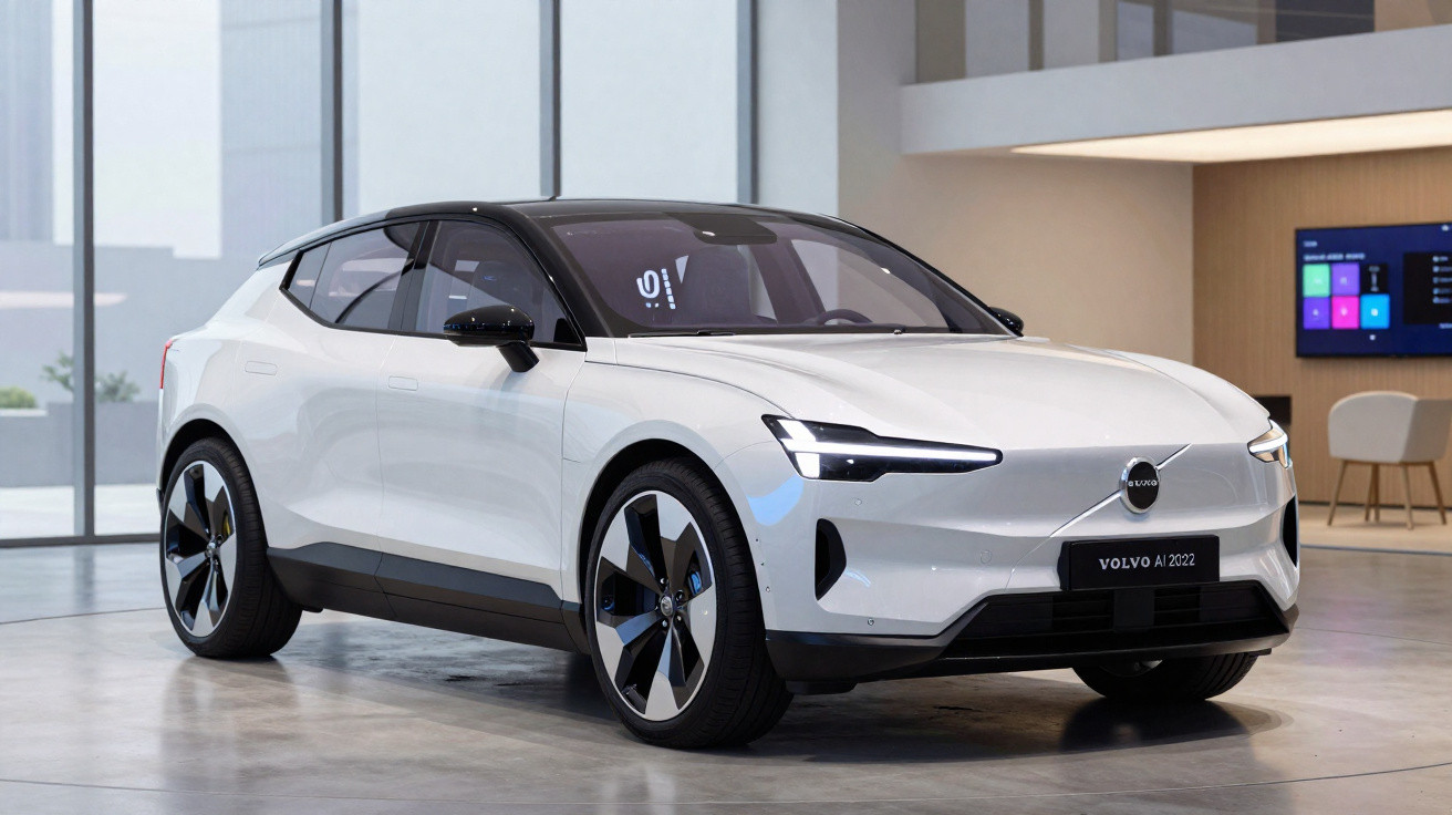 Carro elétrico Volvo branco modelo 2022 estacionado num interior moderno com janelas grandes.