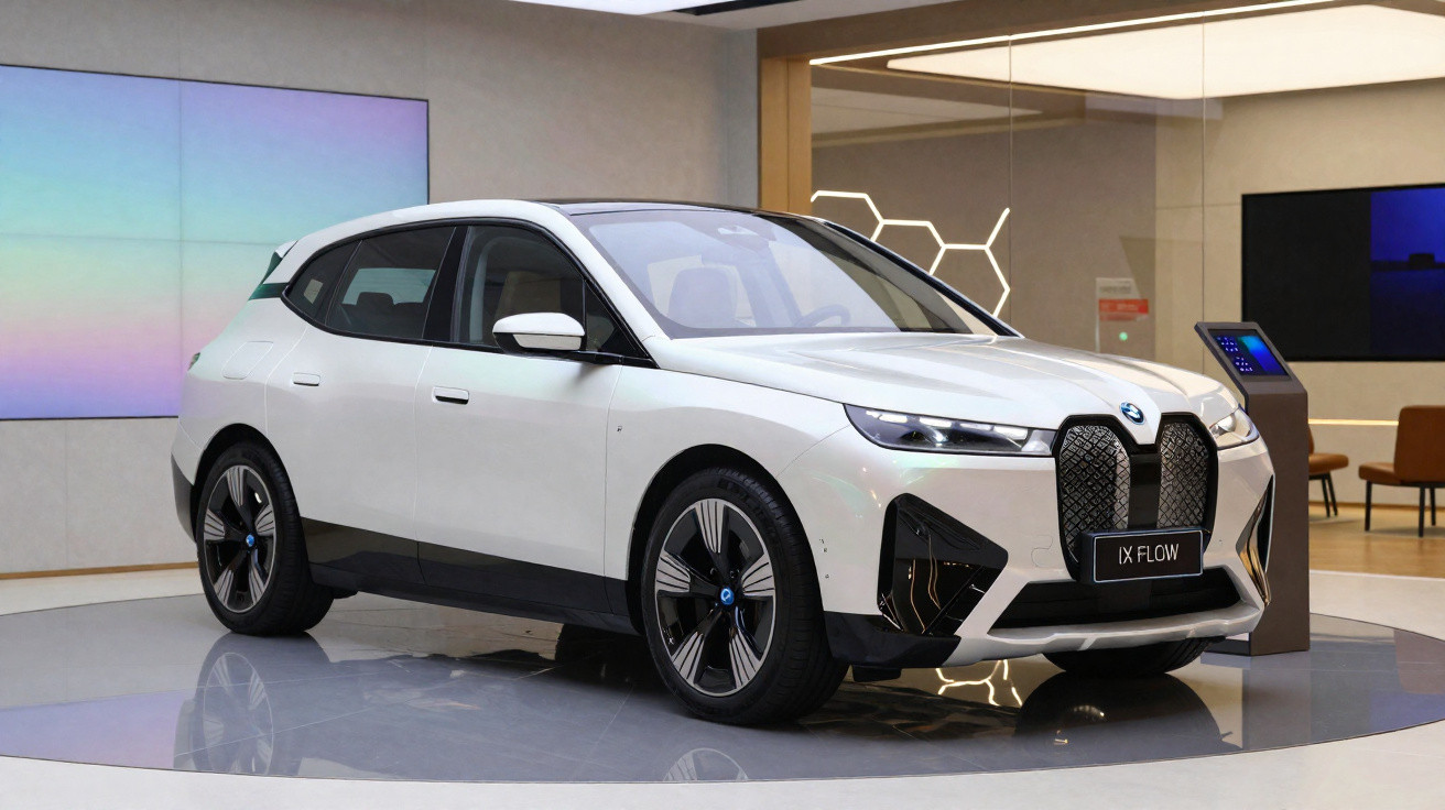 Carro elétrico BMW iX Flow branco exposto em salão moderno com ecrãs digitais ao fundo.